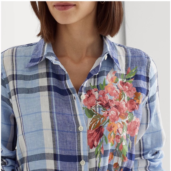 New Ralph Lauren Floral & Plaid Lightweight Linen Button Down Shirtdress Midi - Picture 2 of 15